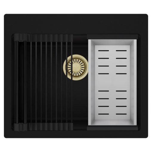 HD Infinity Black 58 egymedencés gránit mosogatótálca szett, matt fekete csepegtetőráccsal és krómozott kosárral, matt fekete színben, szálcsiszolt arany leeresztő szifonnal