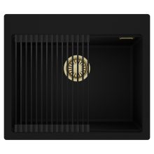 HD Infinity Black 58 egymedencés gránit mosogatótálca szett, matt fekete csepegtetőráccsal, matt fekete színben, szálcsiszolt arany leeresztő szifonnal