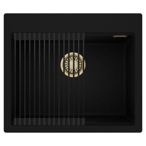 HD Infinity Black 58 egymedencés gránit mosogatótálca szett, matt fekete csepegtetőráccsal, matt fekete színben, szálcsiszolt arany leeresztő szifonnal