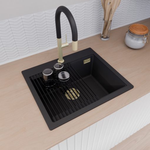 HD Infinity Black 58 egymedencés gránit mosogatótálca szett, matt fekete csepegtetőráccsal, matt fekete színben, szálcsiszolt arany leeresztő szifonnal