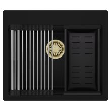 HD Infinity Black 58 egymedencés gránit mosogatótálca szett, acél csepegtetőráccsal és matt fekete kosárral, matt fekete színben, szálcsiszolt arany leeresztő szifonnal