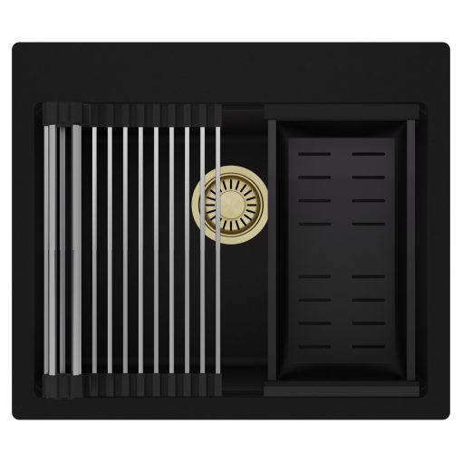 HD Infinity Black 58 egymedencés gránit mosogatótálca szett, acél csepegtetőráccsal és matt fekete kosárral, matt fekete színben, szálcsiszolt arany leeresztő szifonnal