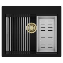 HD Infinity Black 58 egymedencés gránit mosogatótálca szett, acél csepegtetőráccsal és kosárral, matt fekete színben, szálcsiszolt arany leeresztő szifonnal