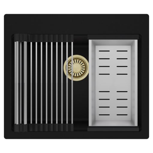 HD Infinity Black 58 egymedencés gránit mosogatótálca szett, acél csepegtetőráccsal és kosárral, matt fekete színben, szálcsiszolt arany leeresztő szifonnal