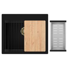 HD Infinity Black 58 egymedencés gránit mosogatótálca szett, vágódeszkával, matt fekete csepegtetőráccsal és krómozott kosárral, matt fekete színben, szálcsiszolt arany leeresztő szifonnal