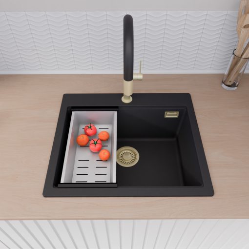 HD Infinity Black 58 egymedencés gránit mosogatótálca szett, vágódeszkával, matt fekete csepegtetőráccsal és krómozott kosárral, matt fekete színben, szálcsiszolt arany leeresztő szifonnal