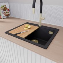 HD Infinity Black 58 egymedencés gránit mosogatótálca szett, vágódeszkával, matt fekete csepegtetőráccsal, matt fekete színben, szálcsiszolt arany leeresztő szifonnal