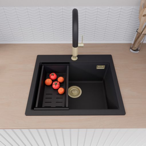 HD Infinity Black 58 egymedencés gránit mosogatótálca szett, vágódeszkával, acél csepegtetőráccsal és matt fekete kosárral, matt fekete színben, szálcsiszolt arany leeresztő szifonnal