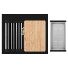 HD Infinity Black 58 egymedencés gránit mosogatótálca szett, vágódeszkával, acél csepegtetőráccsal és kosárral, matt fekete színben, szálcsiszolt arany leeresztő szifonnal