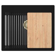 HD Infinity Black 58 egymedencés gránit mosogatótálca szett, vágódeszkával, acél csepegtetőráccsal, matt fekete színben, szálcsiszolt arany leeresztő szifonnal