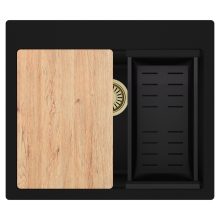HD Infinity Black 58 egymedencés gránit mosogatótálca szett, vágódeszkával, matt fekete csepegtetőkosárral, matt fekete színben, szálcsiszolt arany leeresztő szifonnal