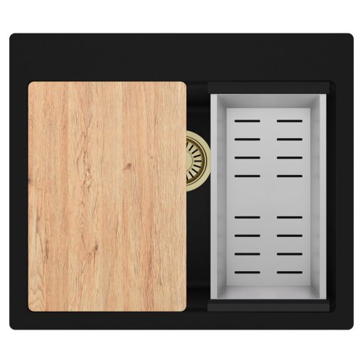 HD Infinity Black 58 egymedencés gránit mosogatótálca szett, vágódeszkával, acél csepegtetőkosárral, matt fekete színben, szálcsiszolt arany leeresztő szifonnal