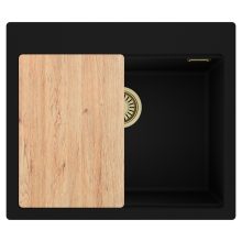 HD Infinity Black 58 egymedencés gránit mosogatótálca, vágódeszkával, matt fekete színben, szálcsiszolt arany leeresztő szifonnal