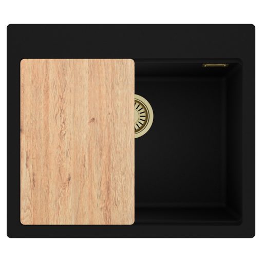 HD Infinity Black 58 egymedencés gránit mosogatótálca, vágódeszkával, matt fekete színben, szálcsiszolt arany leeresztő szifonnal