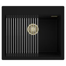HD Infinity Black 58 egymedencés gránit mosogatótálca szett, acél csepegtetőráccsal, matt fekete színben, szálcsiszolt arany leeresztő szifonnal