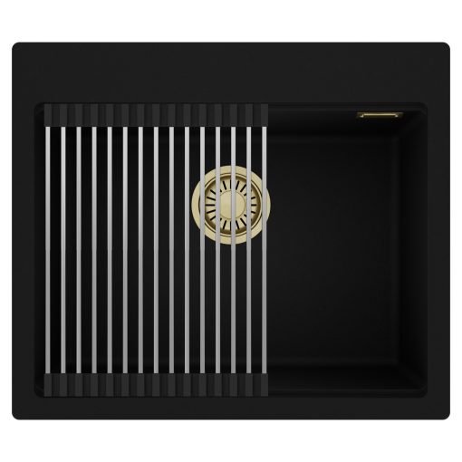 HD Infinity Black 58 egymedencés gránit mosogatótálca szett, acél csepegtetőráccsal, matt fekete színben, szálcsiszolt arany leeresztő szifonnal