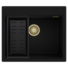 HD Infinity Black 58 egymedencés gránit mosogatótálca szett, matt fekete csepegtetőkosárral, matt fekete színben, szálcsiszolt arany leeresztő szifonnal