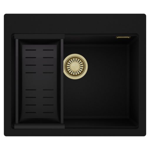 HD Infinity Black 58 egymedencés gránit mosogatótálca szett, matt fekete csepegtetőkosárral, matt fekete színben, szálcsiszolt arany leeresztő szifonnal