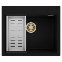 HD Infinity Black 58 egymedencés gránit mosogatótálca szett, acél csepegtetőkosárral, matt fekete színben, szálcsiszolt arany leeresztő szifonnal