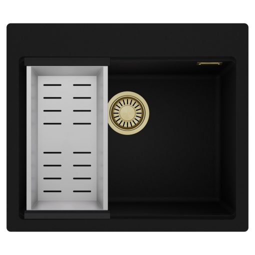 HD Infinity Black 58 egymedencés gránit mosogatótálca szett, acél csepegtetőkosárral, matt fekete színben, szálcsiszolt arany leeresztő szifonnal