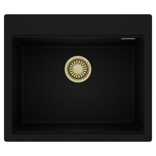 HD Infinity Black 58 egymedencés gránit mosogatótálca, matt fekete színben, szálcsiszolt arany leeresztő szifonnal