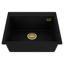 HD Infinity Black 58 egymedencés gránit mosogatótálca, matt fekete színben, szálcsiszolt arany leeresztő szifonnal