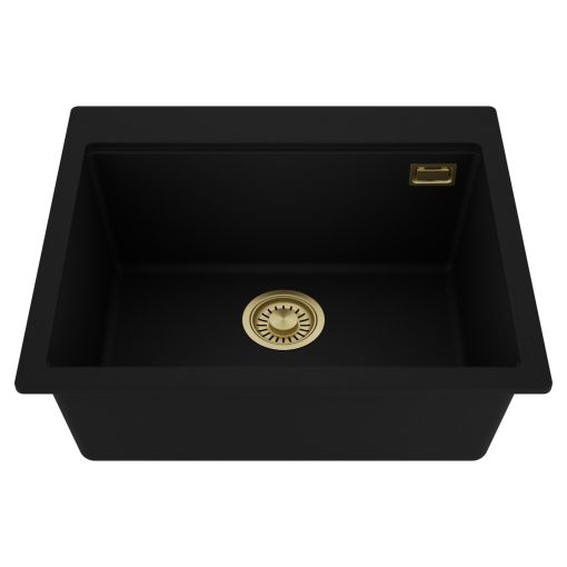 HD Infinity Black 58 egymedencés gránit mosogatótálca, matt fekete színben, szálcsiszolt arany leeresztő szifonnal