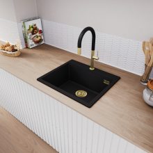 HD Infinity Black 58 egymedencés gránit mosogatótálca, matt fekete színben, szálcsiszolt arany leeresztő szifonnal