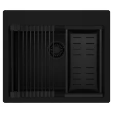 HD Infinity Black 58 egymedencés gránit mosogatótálca szett, matt fekete csepegtetőráccsal és kosárral, matt fekete színben, matt fekete leeresztő szifonnal