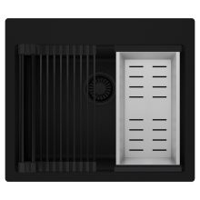 HD Infinity Black 58 egymedencés gránit mosogatótálca szett, matt fekete csepegtetőráccsal és krómozott kosárral, matt fekete színben, matt fekete leeresztő szifonnal