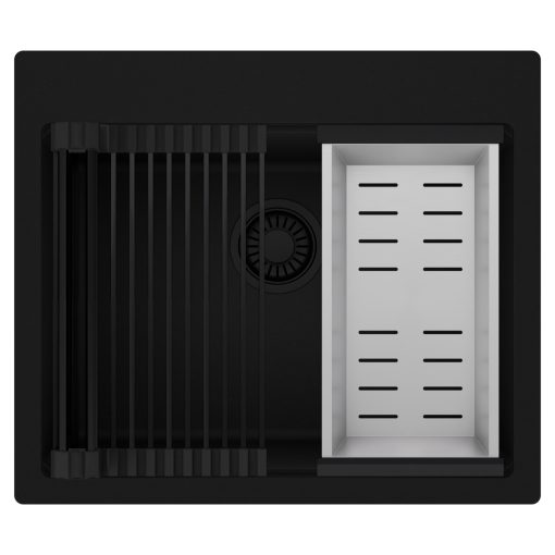 HD Infinity Black 58 egymedencés gránit mosogatótálca szett, matt fekete csepegtetőráccsal és krómozott kosárral, matt fekete színben, matt fekete leeresztő szifonnal