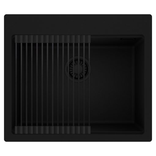 HD Infinity Black 58 egymedencés gránit mosogatótálca szett, matt fekete csepegtetőráccsal, matt fekete színben, matt fekete leeresztő szifonnal