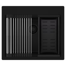 HD Infinity Black 58 egymedencés gránit mosogatótálca szett, acél csepegtetőráccsal és matt fekete kosárral, matt fekete színben, matt fekete leeresztő szifonnal