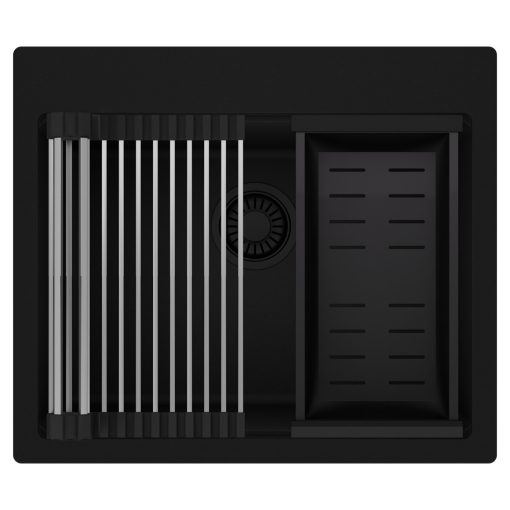 HD Infinity Black 58 egymedencés gránit mosogatótálca szett, acél csepegtetőráccsal és matt fekete kosárral, matt fekete színben, matt fekete leeresztő szifonnal