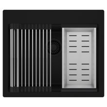 HD Infinity Black 58 egymedencés gránit mosogatótálca szett, acél csepegtetőráccsal és kosárral, matt fekete színben, matt fekete leeresztő szifonnal