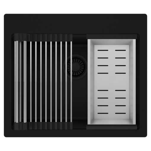 HD Infinity Black 58 egymedencés gránit mosogatótálca szett, acél csepegtetőráccsal és kosárral, matt fekete színben, matt fekete leeresztő szifonnal