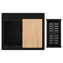 HD Infinity Black 58 egymedencés gránit mosogatótálca szett, vágódeszkával, matt fekete csepegtetőráccsal és kosárral, matt fekete színben, matt fekete leeresztő szifonnal