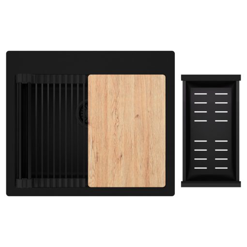 HD Infinity Black 58 egymedencés gránit mosogatótálca szett, vágódeszkával, matt fekete csepegtetőráccsal és kosárral, matt fekete színben, matt fekete leeresztő szifonnal