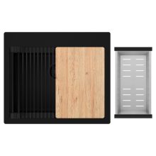 HD Infinity Black 58 egymedencés gránit mosogatótálca szett, vágódeszkával, matt fekete csepegtetőráccsal és krómozott kosárral, matt fekete színben, matt fekete leeresztő szifonnal