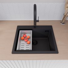 HD Infinity Black 58 egymedencés gránit mosogatótálca szett, vágódeszkával, matt fekete csepegtetőráccsal és krómozott kosárral, matt fekete színben, matt fekete leeresztő szifonnal