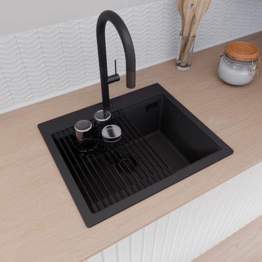 HD Infinity Black 58 egymedencés gránit mosogatótálca szett, vágódeszkával, matt fekete csepegtetőráccsal, matt fekete színben, matt fekete leeresztő szifonnal