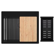 HD Infinity Black 58 egymedencés gránit mosogatótálca szett, vágódeszkával, acél csepegtetőráccsal és matt fekete kosárral, matt fekete színben, matt fekete leeresztő szifonnal