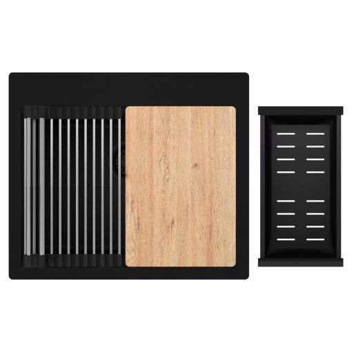 HD Infinity Black 58 egymedencés gránit mosogatótálca szett, vágódeszkával, acél csepegtetőráccsal és matt fekete kosárral, matt fekete színben, matt fekete leeresztő szifonnal