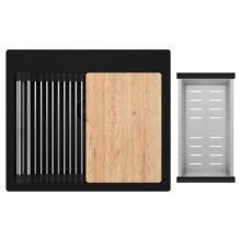 HD Infinity Black 58 egymedencés gránit mosogatótálca szett, vágódeszkával, acél csepegtetőráccsal és kosárral, matt fekete színben, matt fekete leeresztő szifonnal