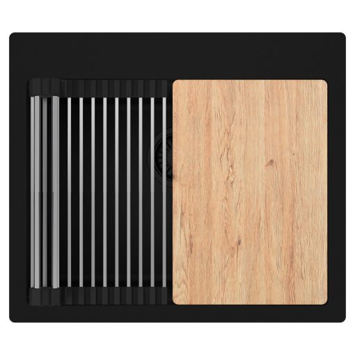 HD Infinity Black 58 egymedencés gránit mosogatótálca szett, vágódeszkával, acél csepegtetőráccsal, matt fekete színben, matt fekete leeresztő szifonnal