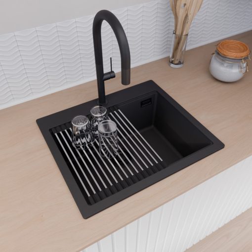 HD Infinity Black 58 egymedencés gránit mosogatótálca szett, vágódeszkával, acél csepegtetőráccsal, matt fekete színben, matt fekete leeresztő szifonnal