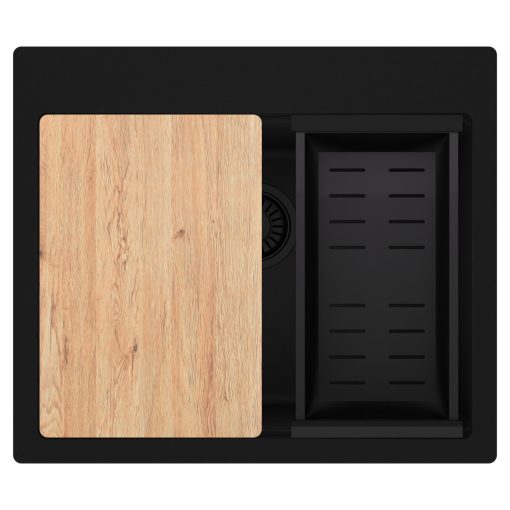 HD Infinity Black 58 egymedencés gránit mosogatótálca szett, vágódeszkával, matt fekete csepegtetőkosárral, matt fekete színben, matt fekete leeresztő szifonnal