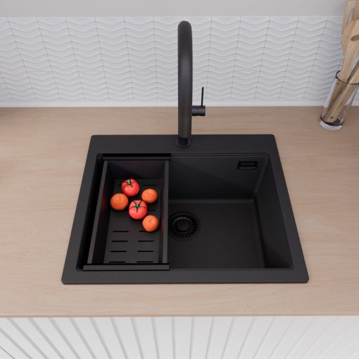 HD Infinity Black 58 egymedencés gránit mosogatótálca szett, vágódeszkával, matt fekete csepegtetőkosárral, matt fekete színben, matt fekete leeresztő szifonnal