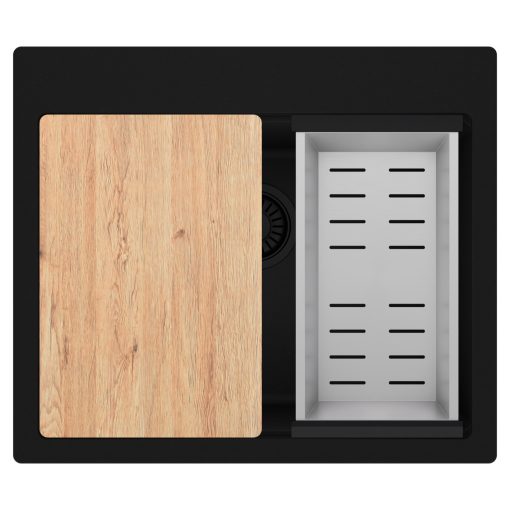 HD Infinity Black 58 egymedencés gránit mosogatótálca szett, vágódeszkával, acél csepegtetőkosárral, matt fekete színben, matt fekete leeresztő szifonnal