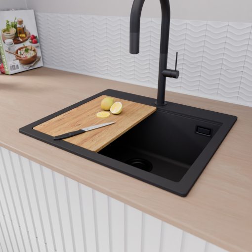 HD Infinity Black 58 egymedencés gránit mosogatótálca szett, vágódeszkával, acél csepegtetőkosárral, matt fekete színben, matt fekete leeresztő szifonnal